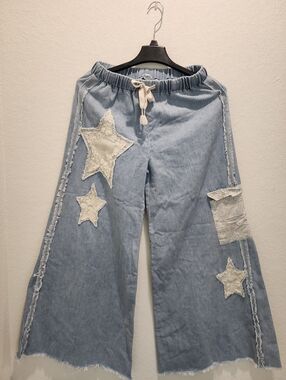 POL Light Blue Denim Jogger Pants with Cream Drawstring